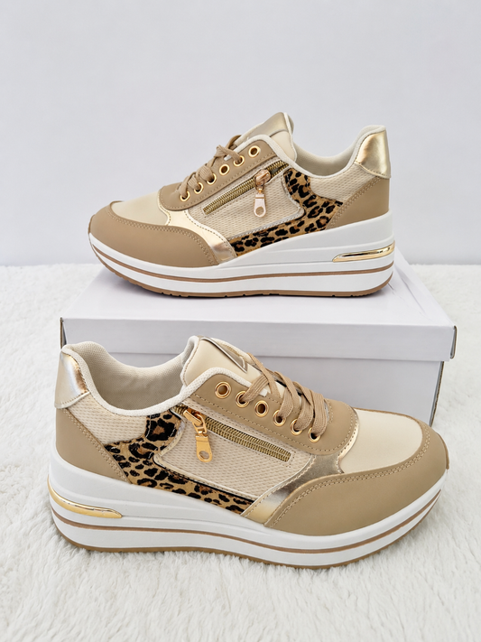 Baskets compensées beige & léopard